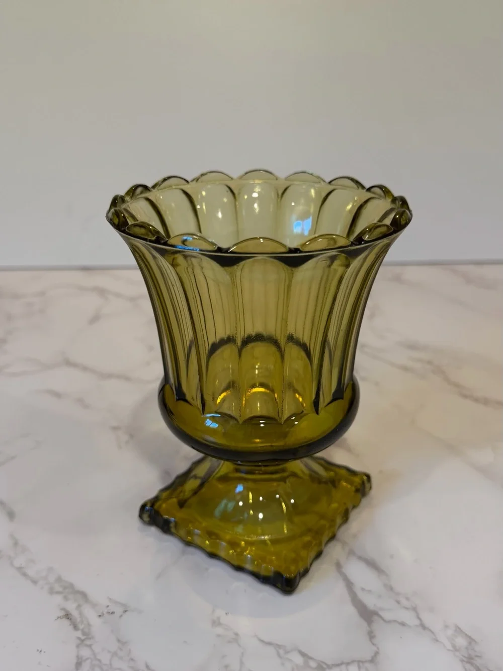 Vintage Avocado Green Glass Pedestal Vase Scalloped Rim Footed Compote 6” MCM